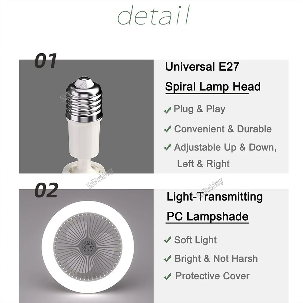 Ceiling Fan With Light And Control 30W LED Lamp E27 Converter Base Remote Silent Electric Fan For Bedroom Home Kitchen