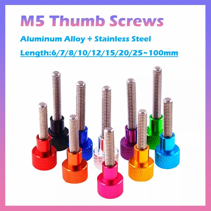 1Pcs M5 Aluminum Alloy Anodised Knurled Thumb Screws + Stainless Steel Hand Turn Knob Bolts Length 6/8/10/12/15/20/25/30~100mm