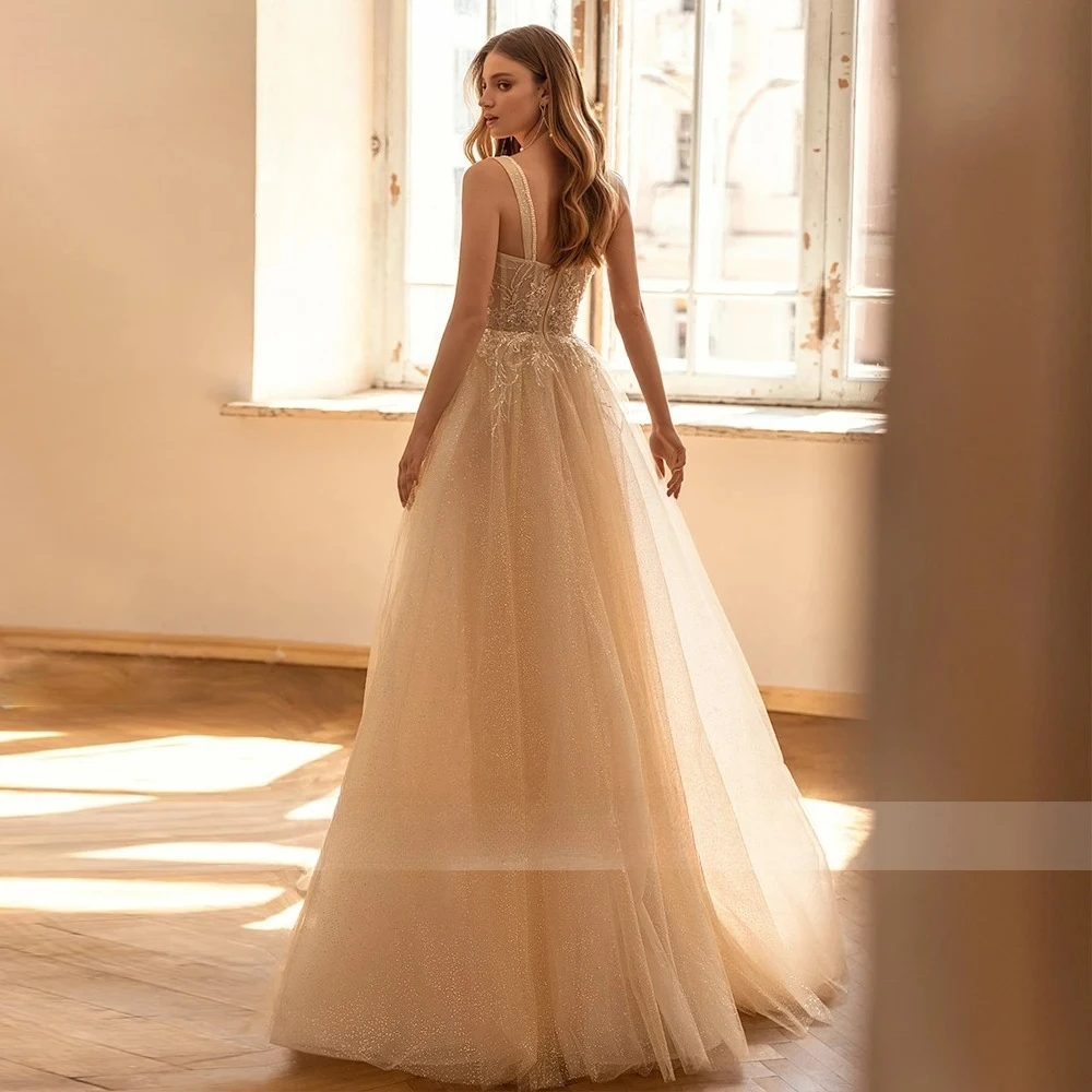 Customized Romantic Sparkling A Line Wedding Dress  Plunge Sweetheart Spaghetti Straps Sequined Tulle Sweep Train Bridal Gown