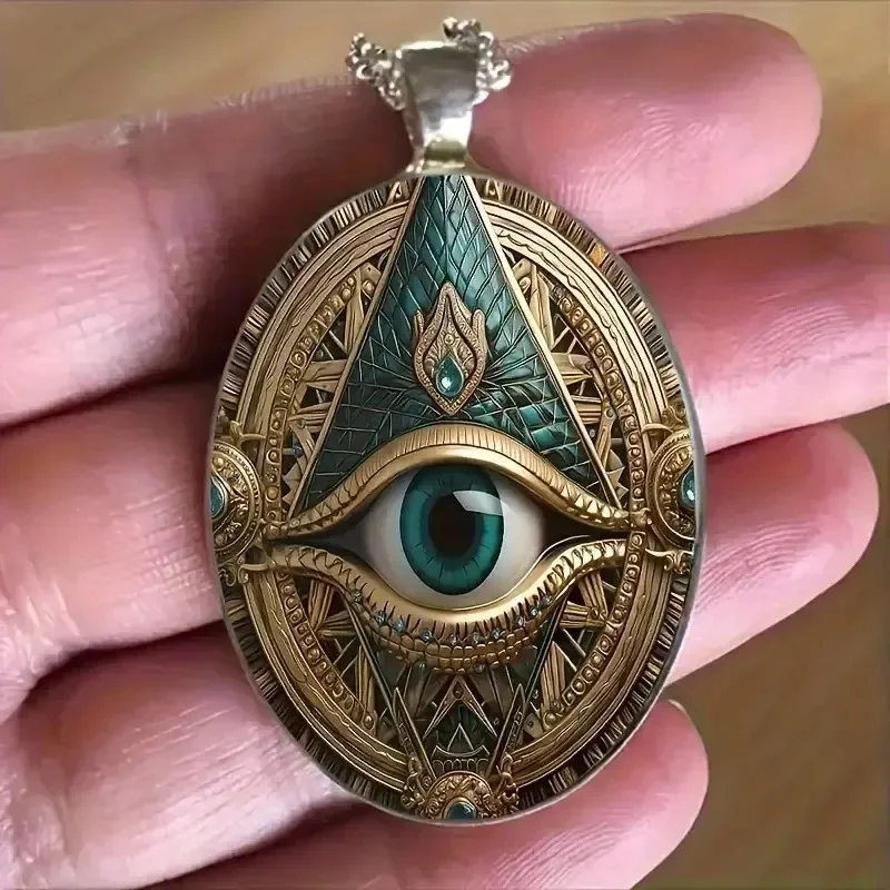 Evil Eye Mosaic Pendant Necklace Silver-Plated Alloy Glass Oval Talisman Boho Chic Jewelry