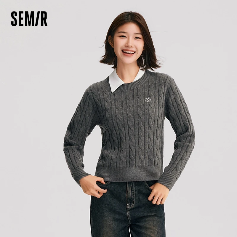 Semir Sweater Women Twist Flower Gentle Loose 2024 New Winter Round Neck Embroidery Versatile Pullover Sweater