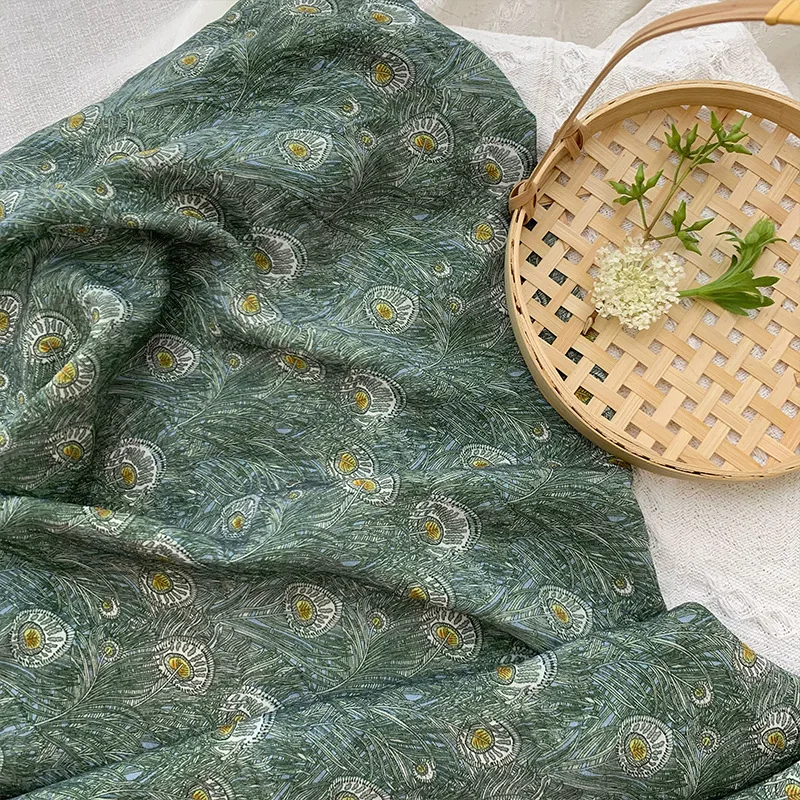 

Peacock Tail Print Fabric for Sewing Chinese Style DIY Summer Clothing Pants Shirt Dress, 142CM 110G/M2 Green Fabric Y204