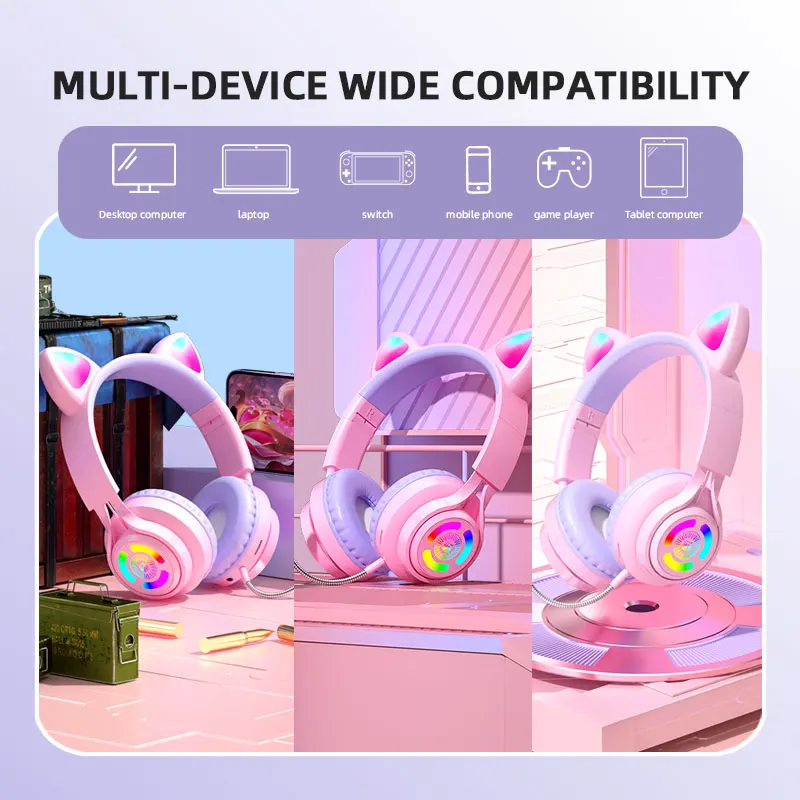 New Wireless Bluetooth Headphones Cat Ear Gaming Headset Glow Light Helmets Cute Sports Music Headsets For Girls Boys Gifts