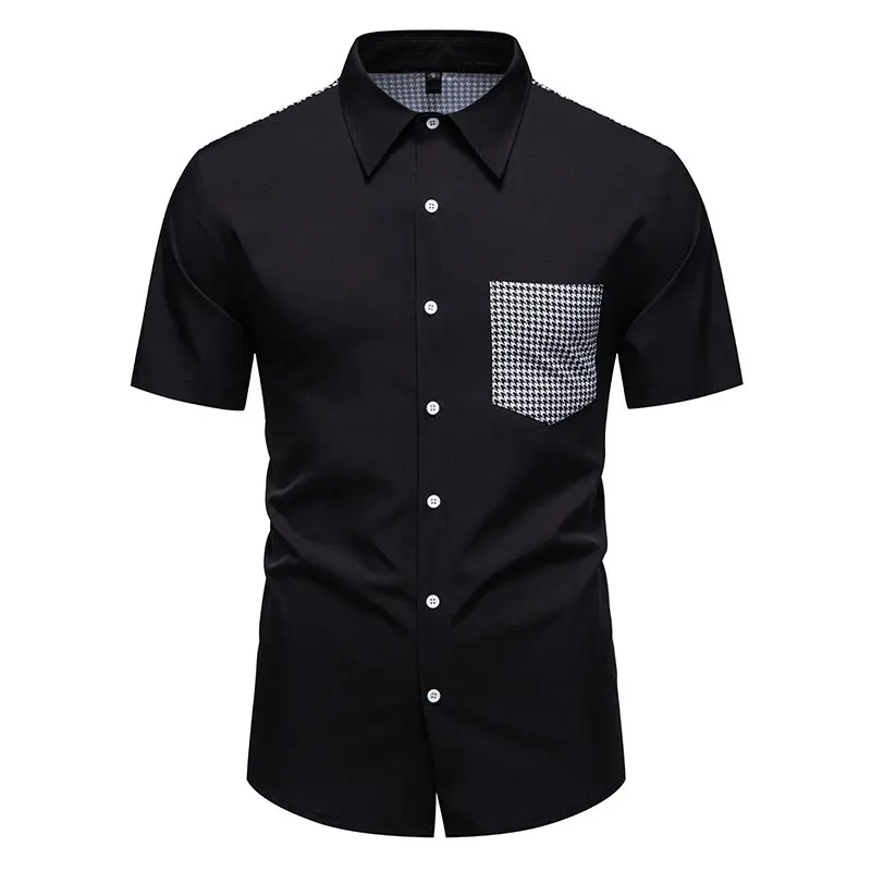 Summer Men's Houndstooth Patchwork Pocket Short Sleeve Shirt Casual Daily Basic Shirts Fashion Contrast Color Office Work Tops
