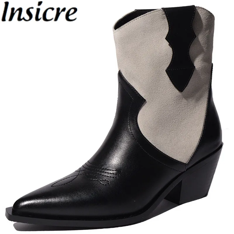 

Insicre Top Quality 2023 Fashion Women Ankle Boots Cow Leather Patchwork Thick High Heels Winter Shoes Black Handmade