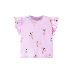 Jumping Meters 2-7T Hot Selling Dancing  Girls T Shirts Fly Sleeve Children's Clothing Short Sleeve Summer Kids Tees Tops