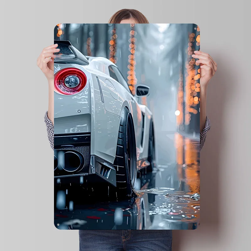 White Sports in Rainy Cityscape Car Tinplate Poster Custom Wall Art Vintage Metal Signs Retro Tin Plaque for Setup Decorations