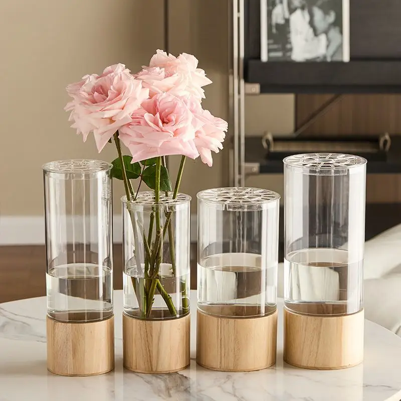 

2pcs Acrylic Anti-Drop Table Vase with Wooden Base Elegant Decoration for Living Room Flower Arrangements