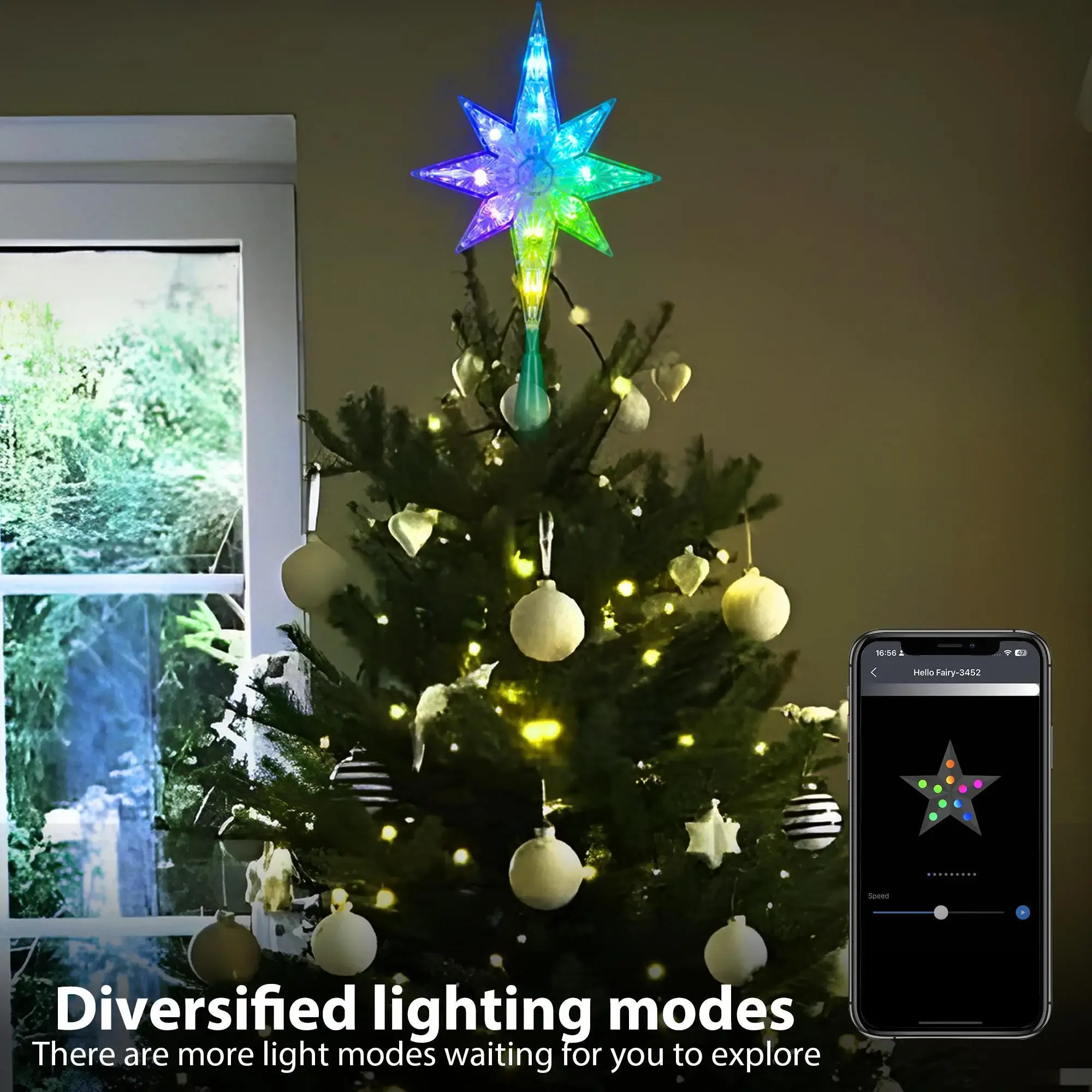 Xmas Tree Topper New Year Decor Smart APP Remote Music Sync Control RGB Color Double-layer Star Christmas Tree Star Decor Lights