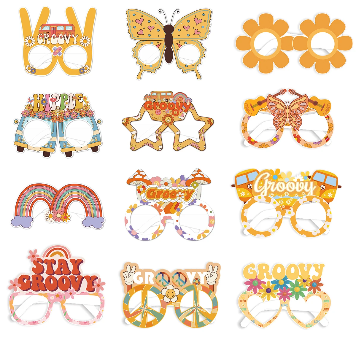 12 pçs groovy retro 70s 60s hippie tema óculos de papel boho flor amor óculos para hippie aniversário despedida de solteira decoração