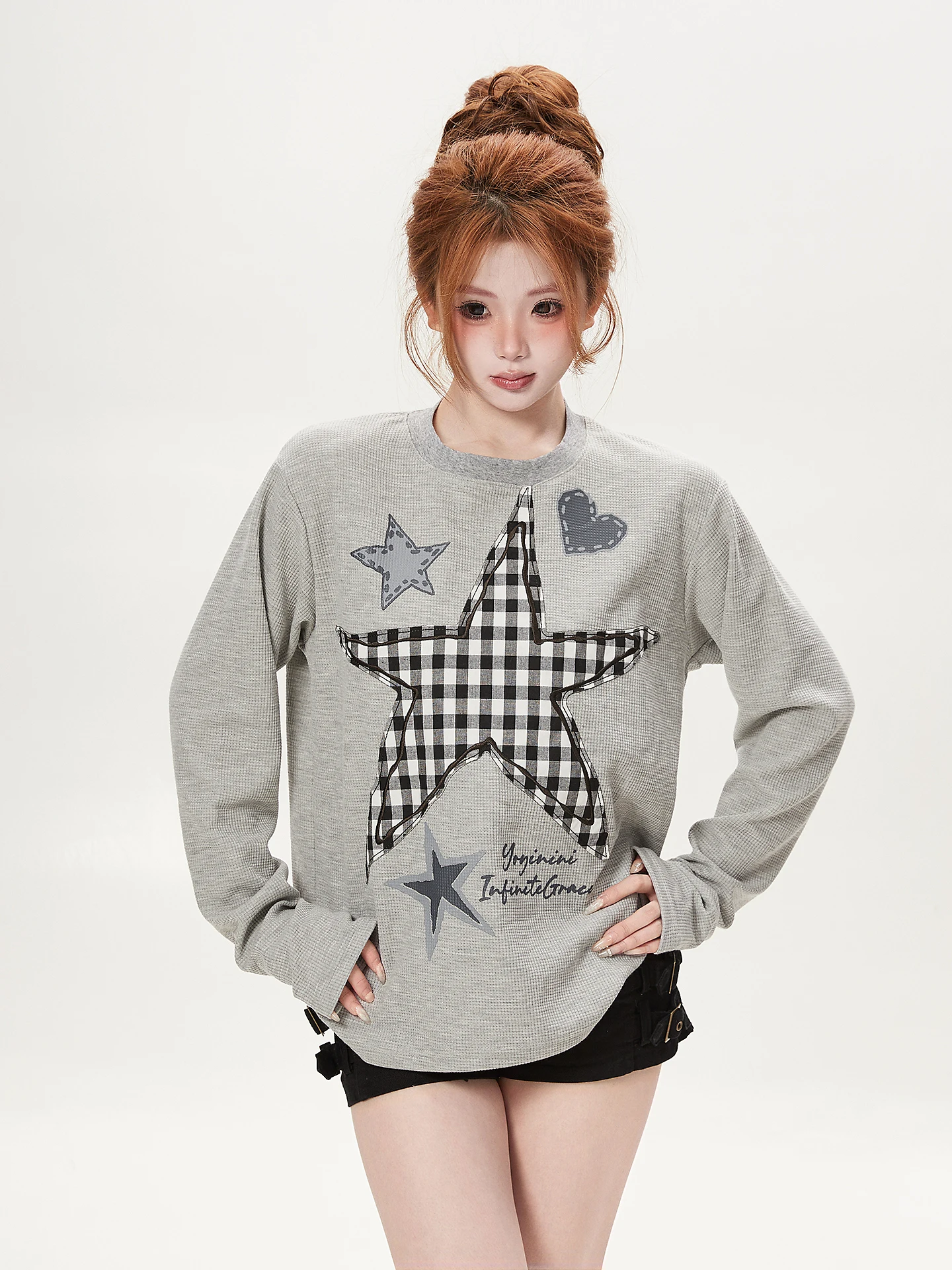 Ant Unique Y2K Star Plaid Patchwork Long Sleeve T-Shirt Women Loose Slimming Versatile College Style Top Breathable Cotton Au...