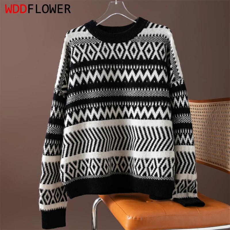 

Женский свитер из 100% натуральной шерсти, белый, черный, вязаный свободный пуловер с круглым вырезом и длинными рукавами, теплый осенне-зимний топ M1468