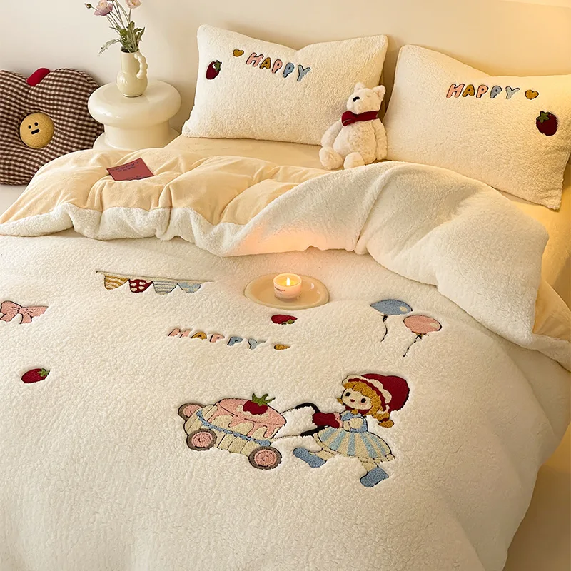 Winter Thick Teddy Milk Velvet Quilt Cover Four Pieces Embroidered Cartoon Milk Velvet Bedding for Autumn and Winter Bedroom