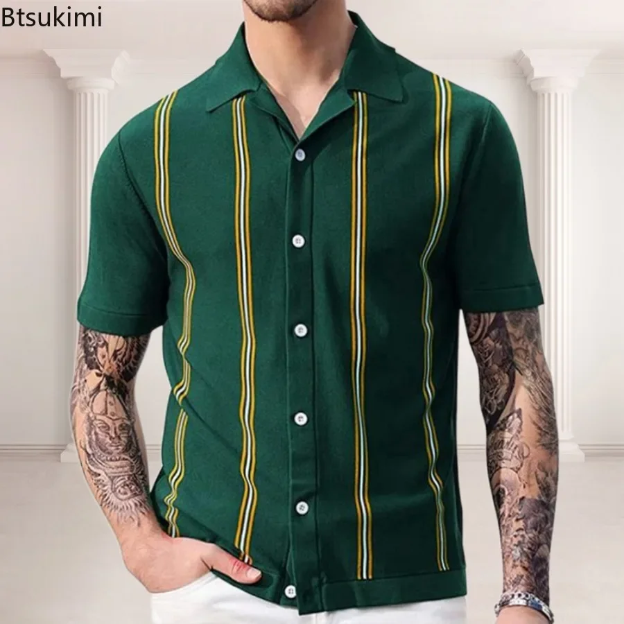 

Summer New Men's Clothing Fashion Men Short Sleeve Striped Knitwear T-shirts Male Business Casual Knit Cardigan Polo Shirts Tops