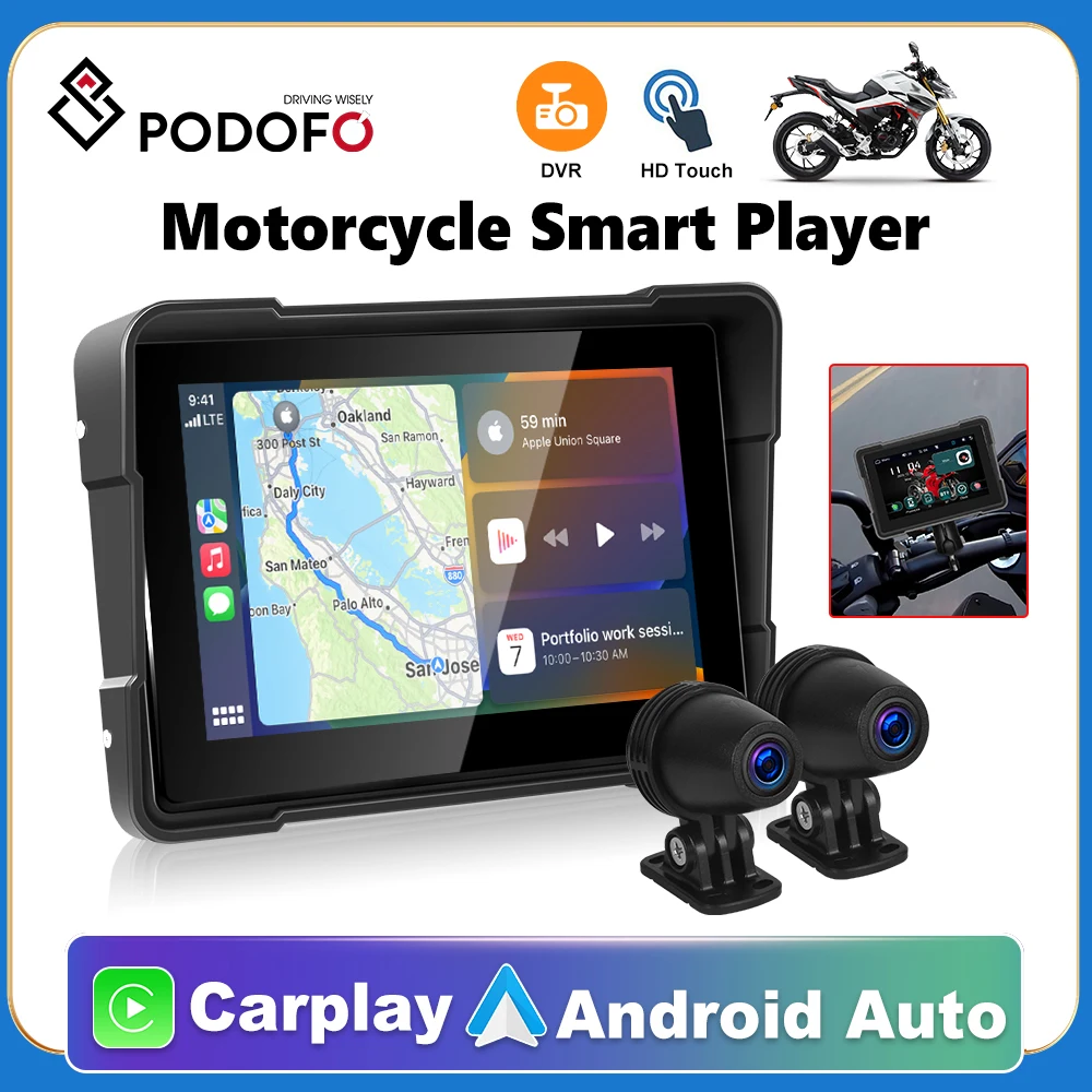 

Podofo 5-inch Motorcycle Carplay Portable Smart Player Supports Android Auto IP67 Waterproof Support DVR Two Cameras