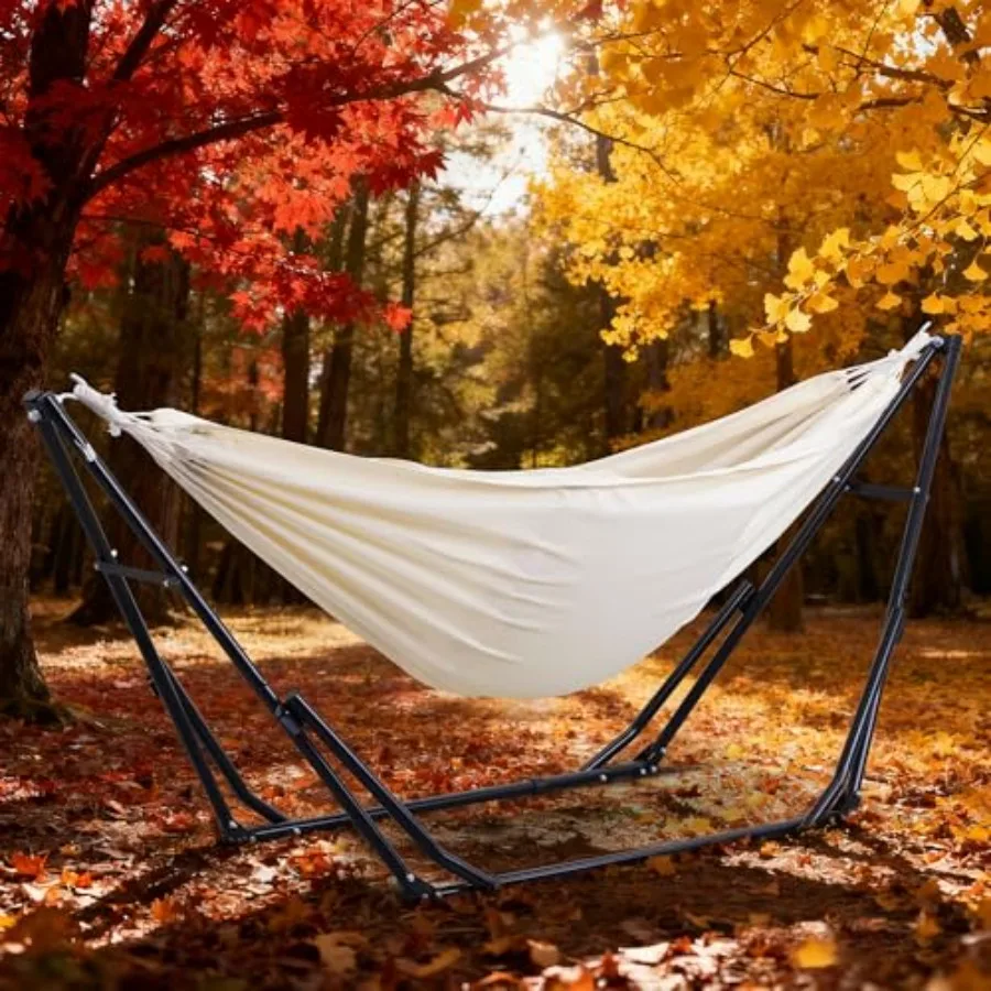 2 in 1 Portable Hammock and Swinging Chair with Foldable Stand in Beige for Outdoor Patio Garden Camping Trip with Carrying Bag