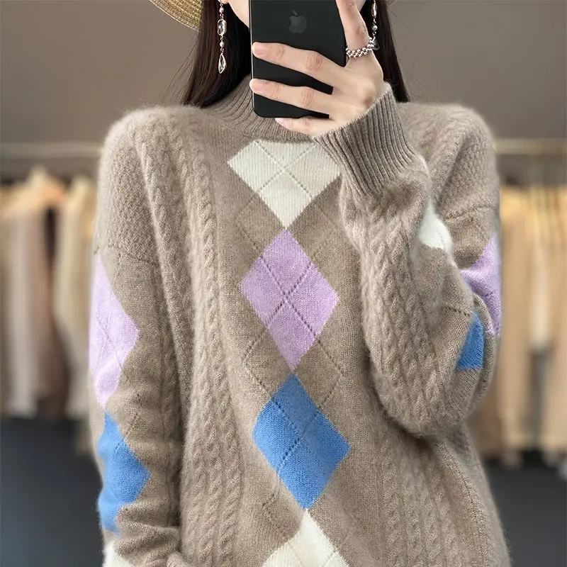 Autumn and Winter Women\'s Contrast Color Argyle Half High Collar Long Sleeve Knitted Sweaters Jumpers Fashion Casual Tops