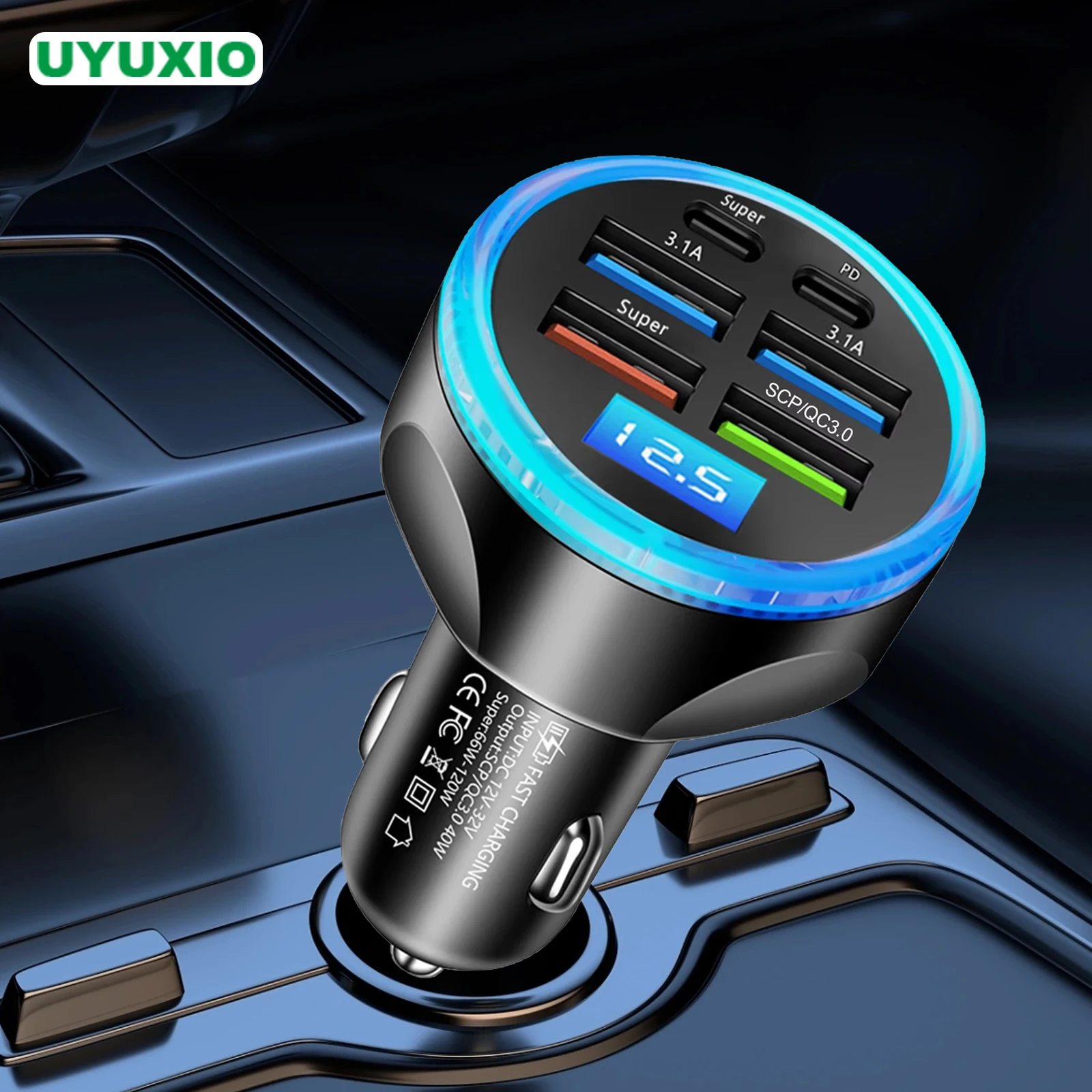 Ładowarka samochodowa USB-C 6 w 1 z woltomierzem, super szybkie ładowanie z wyświetlaczem napięcia dla iPhone'a i Samsunga