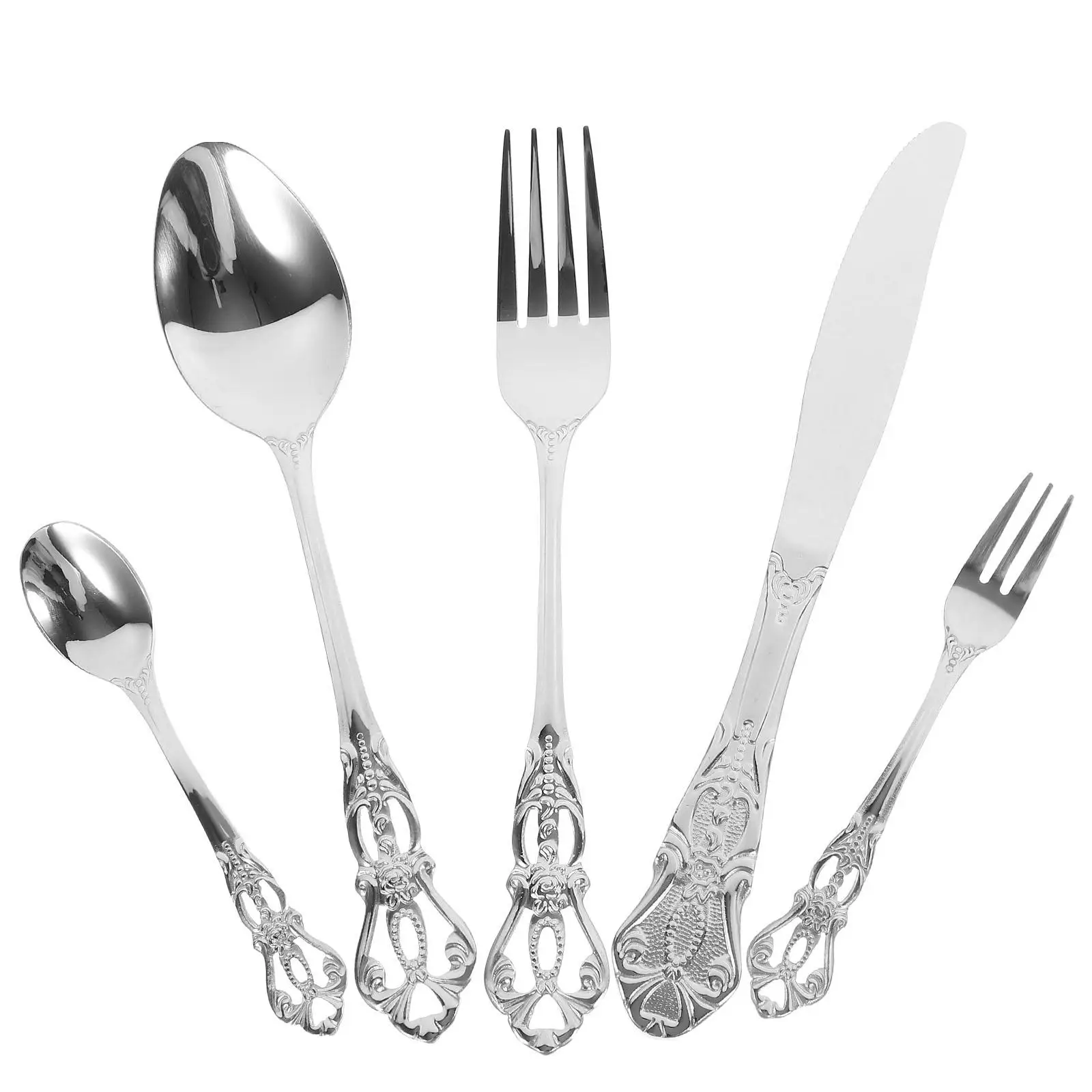 

5 Piece Stainless Steel Cutlery Set Silver Mirror Finish Dishwasher Safe Vintage Kit for Home Restaurant