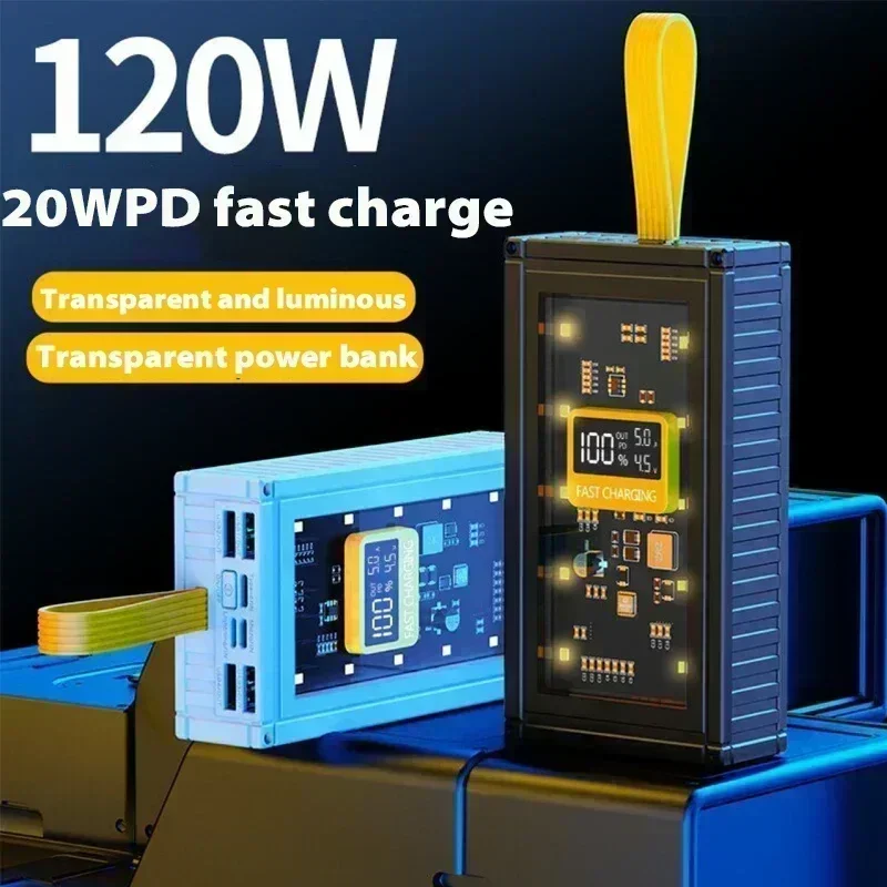 New transparent power bank 120W large capacity 50000mAh 20WPD two-way fast charging with LED light suitable for iPhone/Xiaomi 14