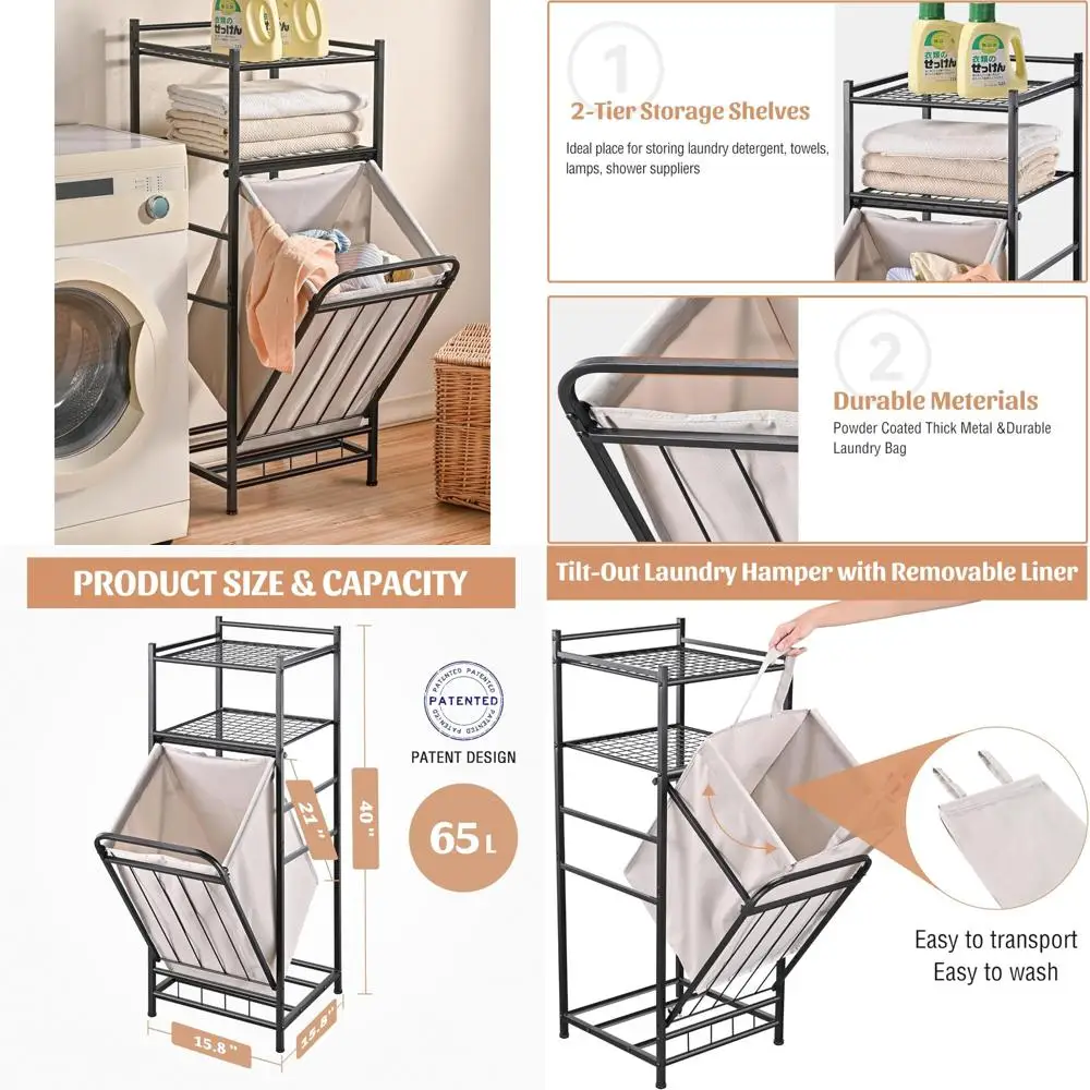 

Laundry Hamper Cabinet with Removable Liner and Shelf, 65 Liter Capacity, 15.8L x 15.8W