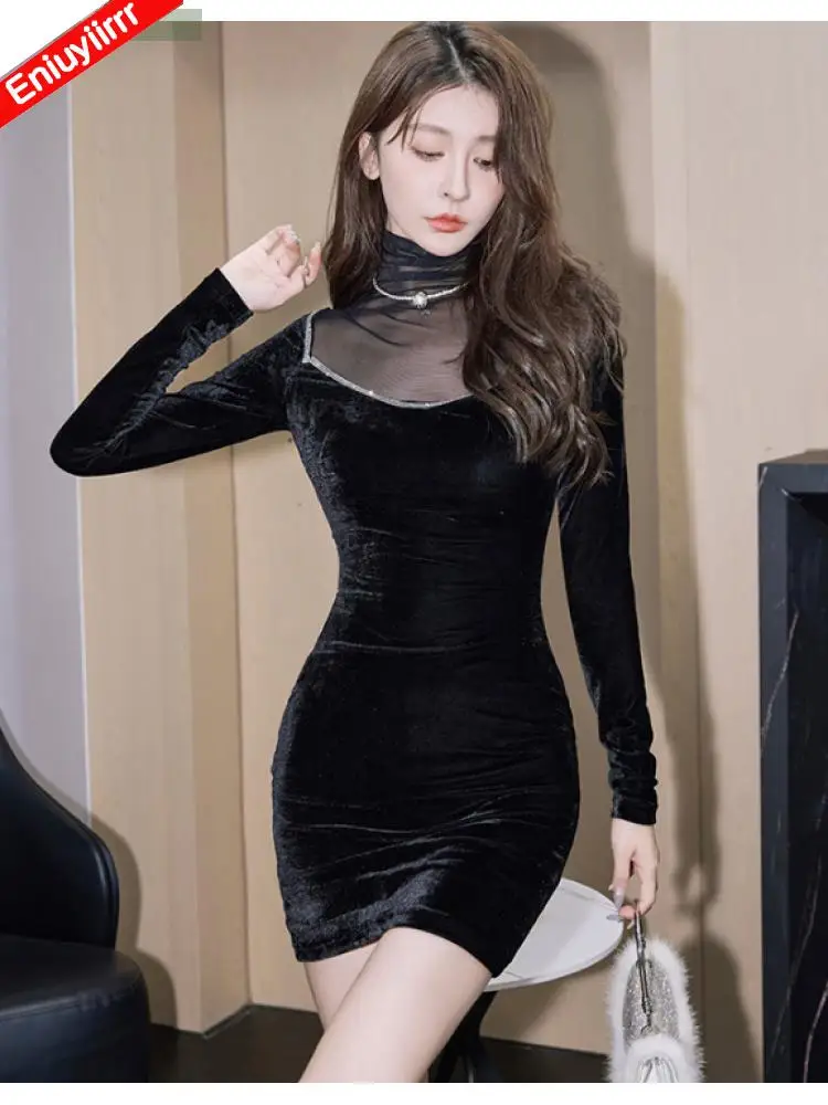 New Year Christmas Date Girls Elegant Little Black Sheer Mesh Velvet Dress Women Bodycon Sexy High Waist Bling Party Dresses