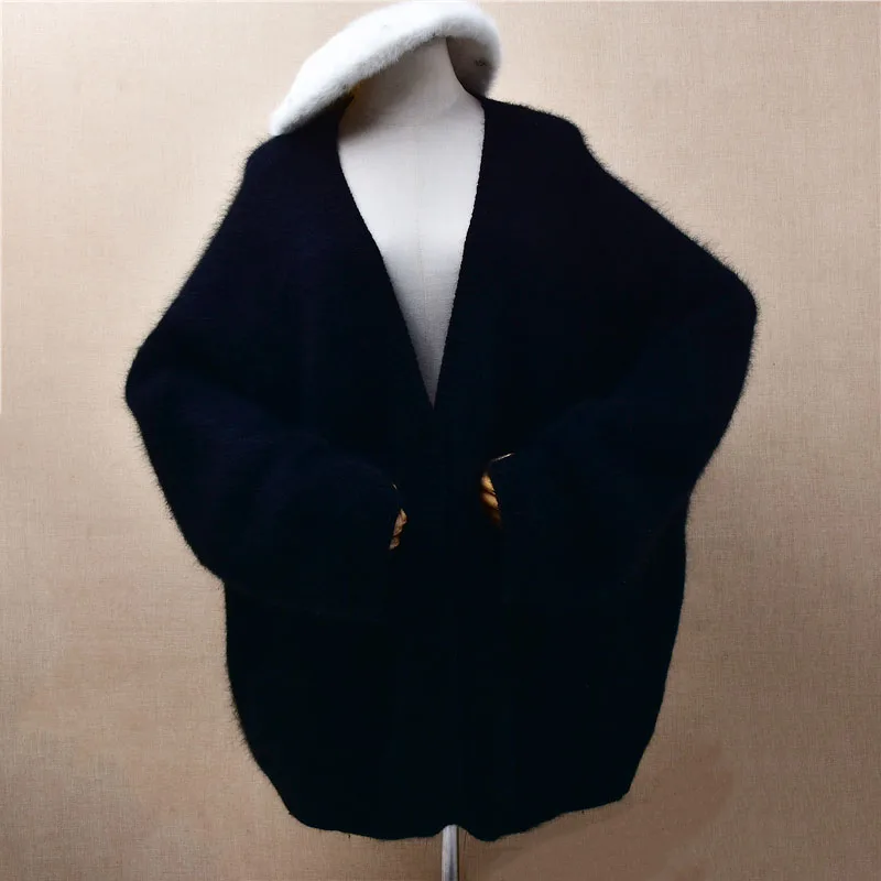 

1167 Women Fall Winter Clothing Green Hairy Mink Cashmere Knitted V-Neck Loose Cardigans Angora Fur Jacket Sweater Coat Pull