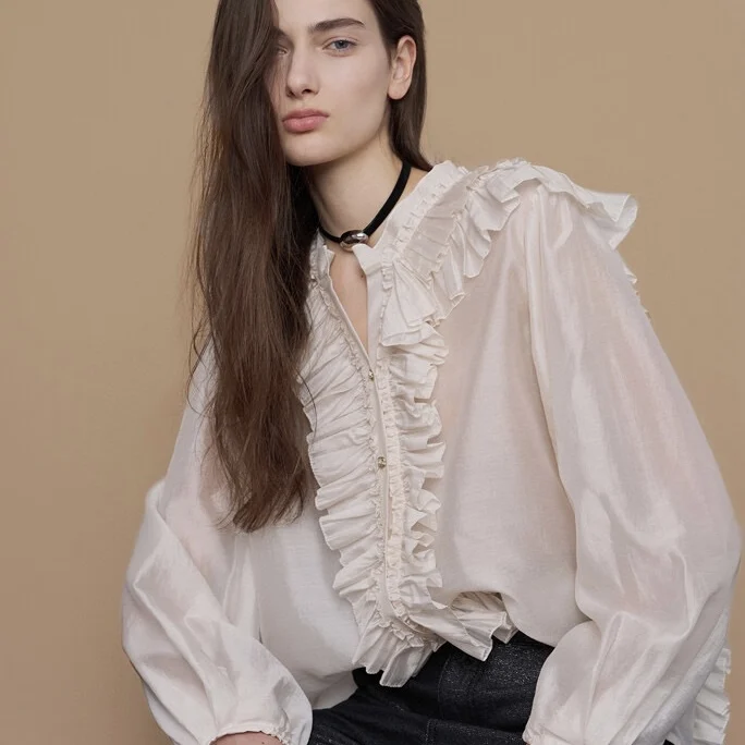 

Korean Sle Heavy Work irt Lotus Le Collar Earlet irt Breathable Long Sve V-ne Button Closure Casual Women's Top