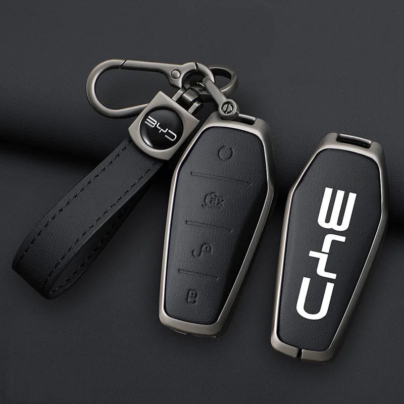 

Key Case Cover for BYD Song Plus Atto 3 Han EV Tang DM Qin Seal Dolphin Leather Metal Remote Fob Holder Keychain Car Accessories