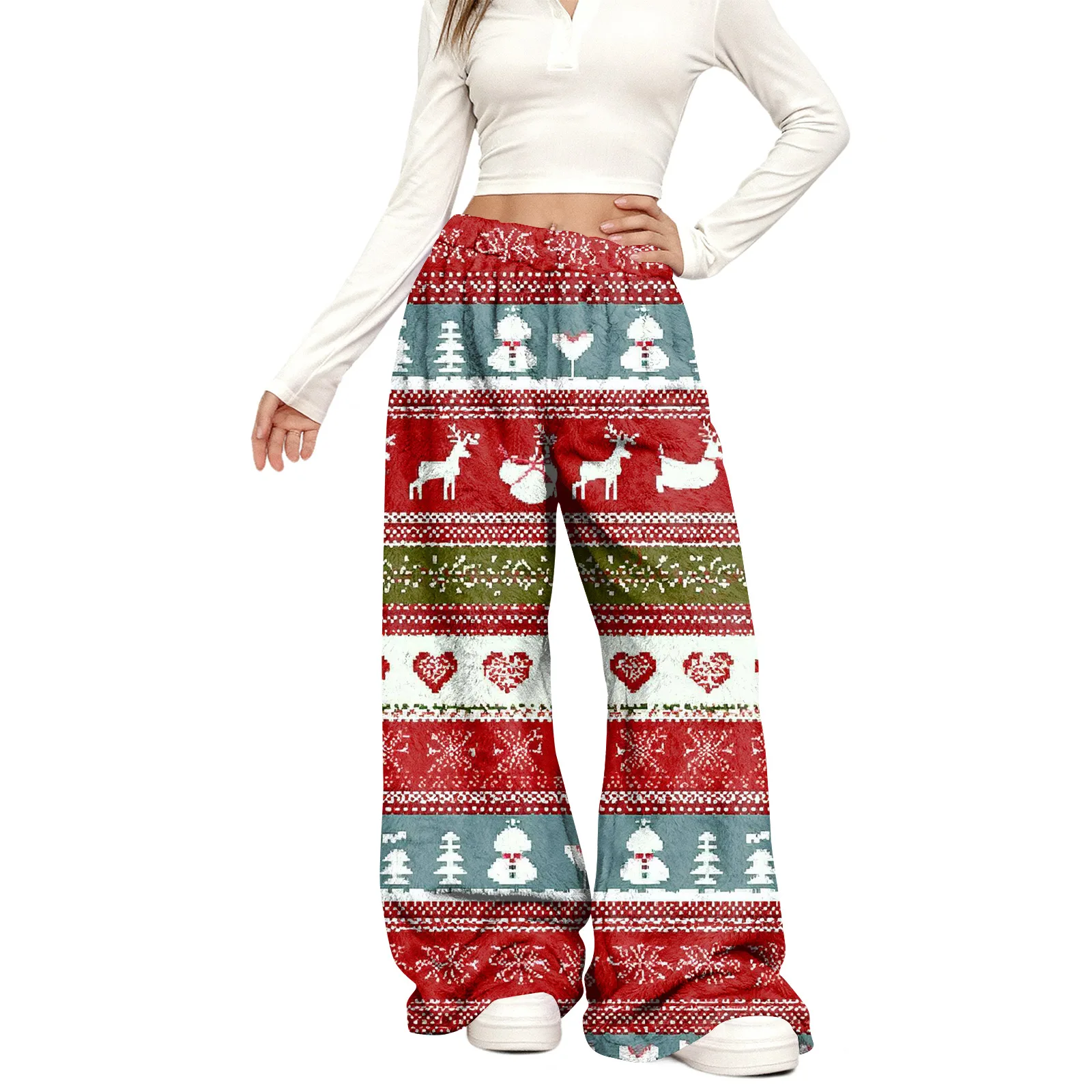 Pantalon taille haute plissé pour femmes, imprimé de noël, jambes larges, décontracté, ample, Long, course à pied, Yoga