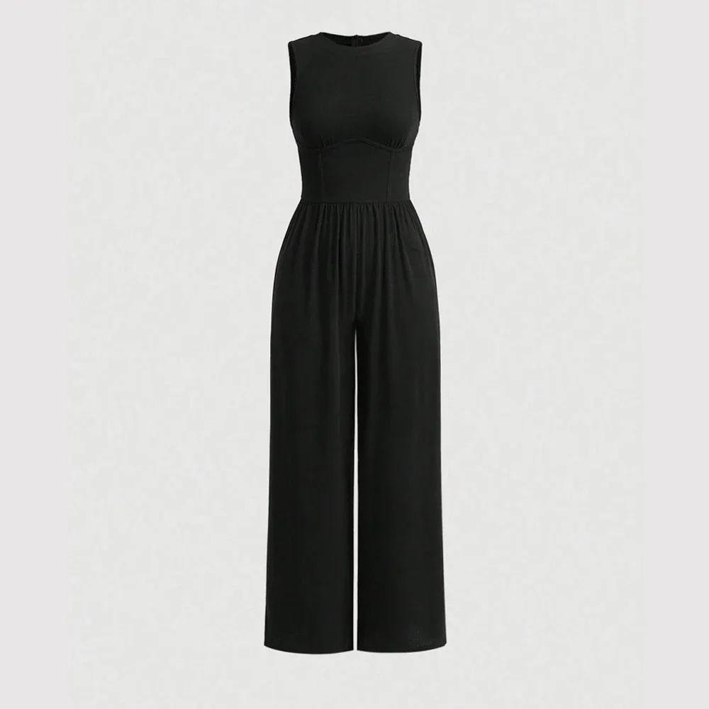 

Женские комбинезоны и комбинезоны на все сезоны, корейские однотонные повседневные цельные наряды без рукавов с круглым вырезом, боди