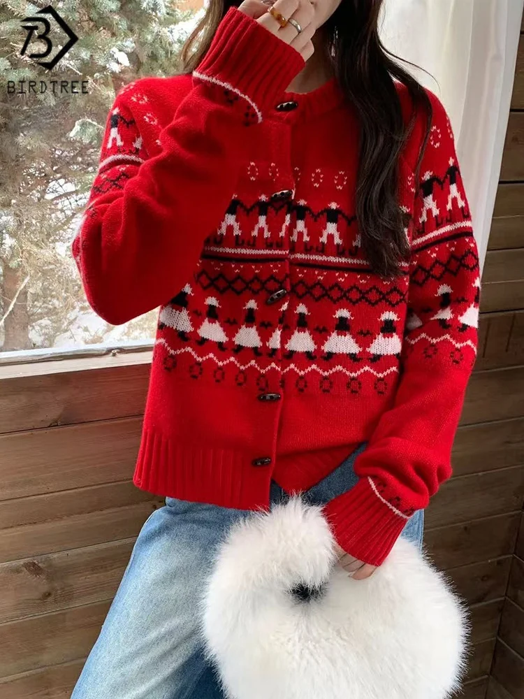 

Birdtree,100% Pure Wool Knitted Cardigan,Women Jacquard Christmas Warmth Tops,O-neck,Single Breasted,2025 Winter Coat T5D520JF