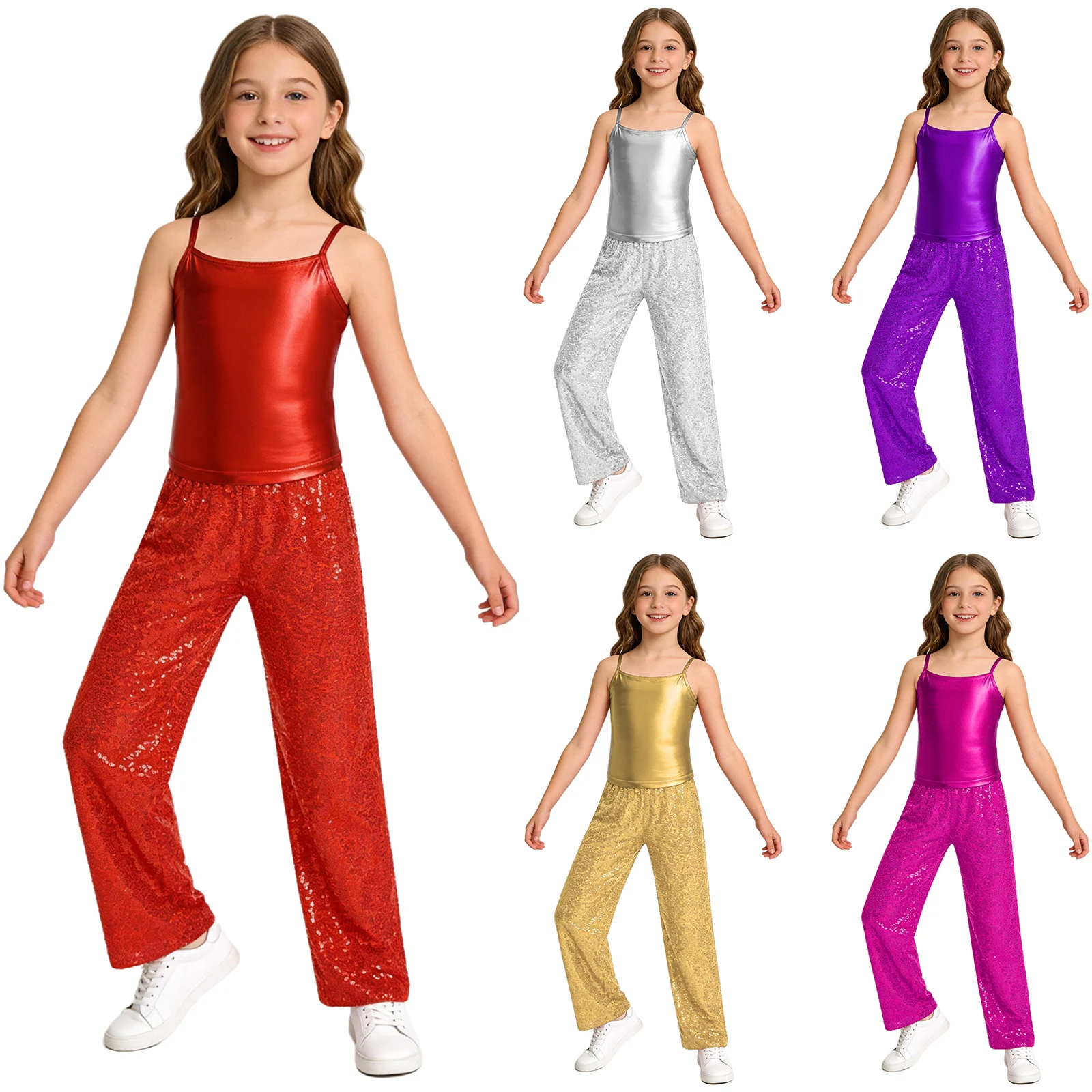 Kids Girls Jazz Dance Outfit Spaghetti Shoulder Straps Metallic Camisole Top with Sequin Pants for School Show Hip Hop Party
