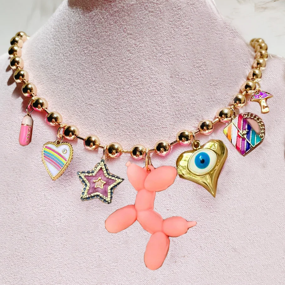 2025 boho star heart mushroon pill Candy Color Sweet Resin Balloon Dog necklace For Women Girls Accessories rainbow Bag Pendant