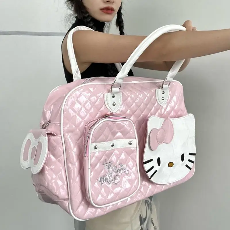 Kreskówka Miniso Hello Kitty Y2K przenośna torba podróżna o dużej pojemności Kawaii Pu skórzana błyszcząca słodka torba Crossbody