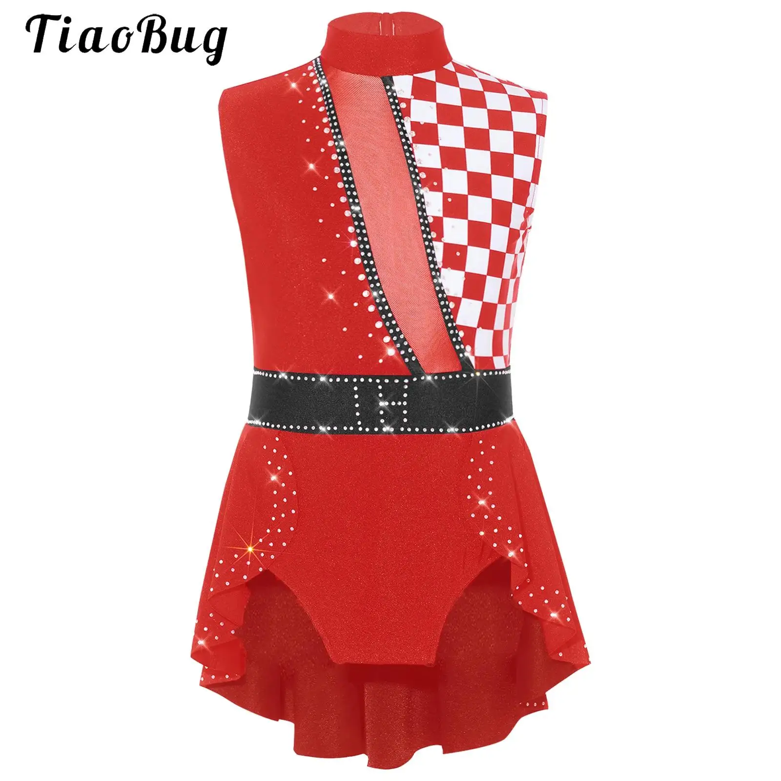 Kids Girls Circus Clown Costume Ringmaster Jumpsuit Sleeveless Rhinestones Ruffled Overlay Bodysuit Gymnastics Ballet Leotards