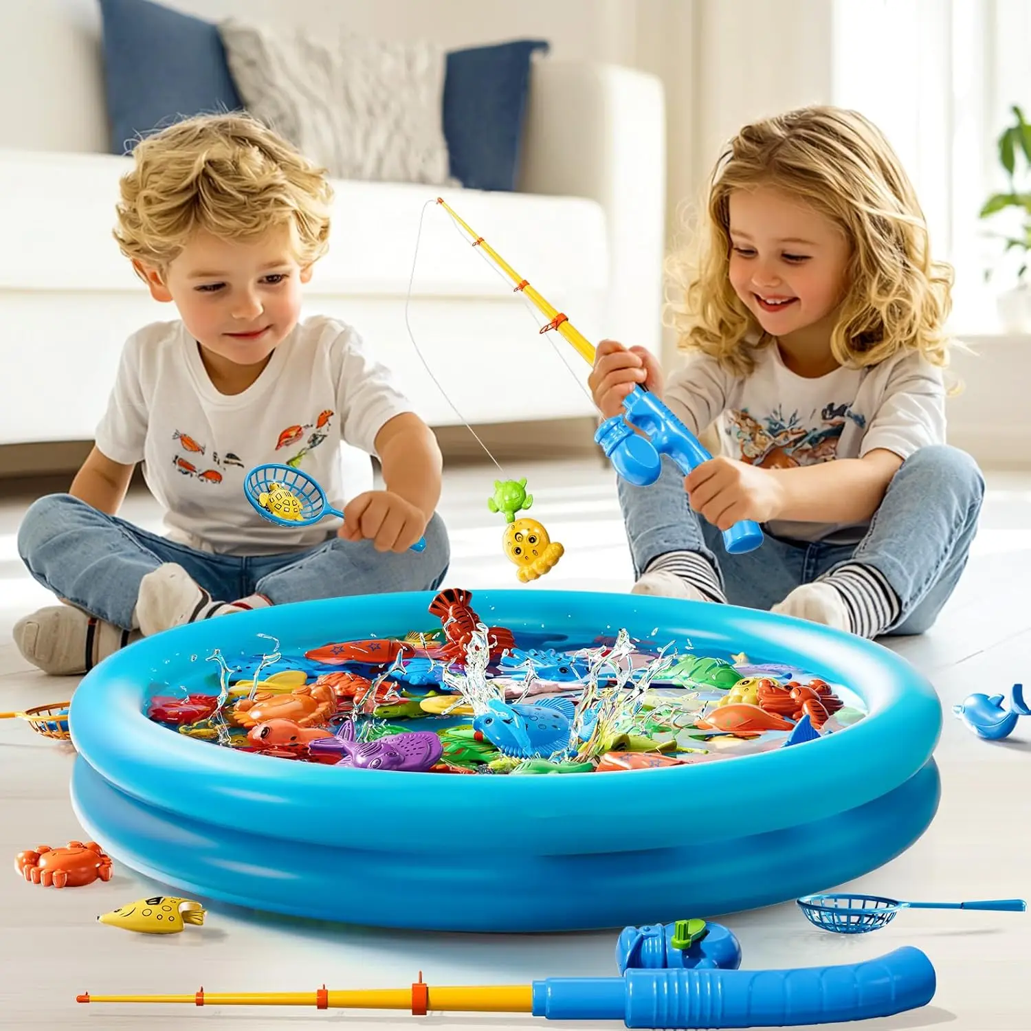 子供用釣りおもちゃセット、水遊びおもちゃ、赤ちゃん用磁気ロッドと魚、空気注入式プール付き屋外スポーツパズルおもちゃ