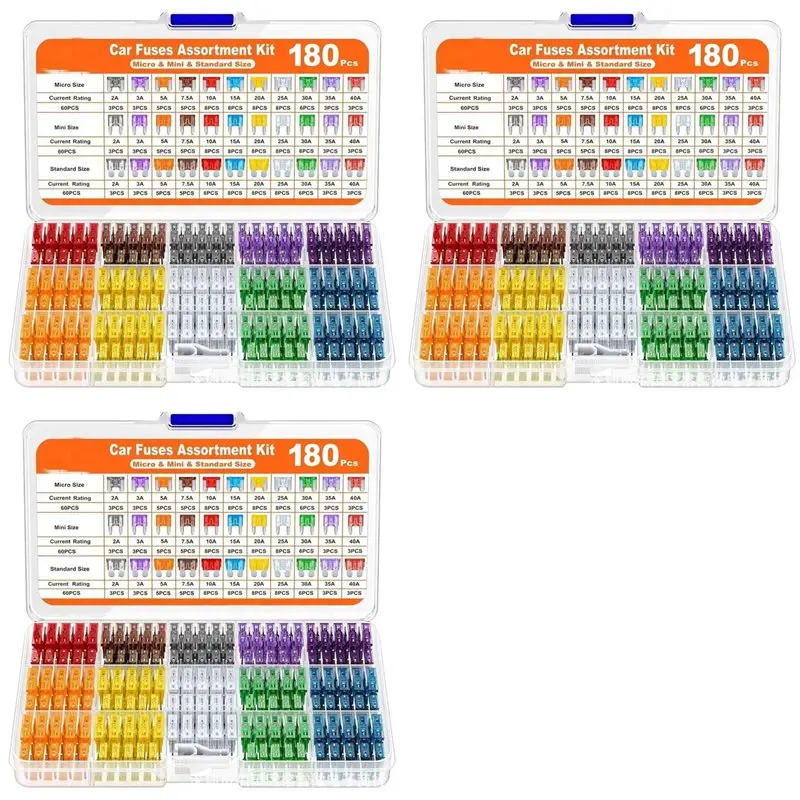 M93K-3Set 180Pcs Car Fuses Assorted Kit,60 Mini Blade Car Fuse +60 Standard Fuse Automotive +60 Micro-Type Fuse + Fuse Puller