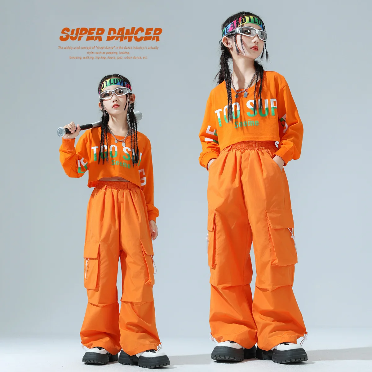 

3-16 Years Kids Kpop Hip Hop Clothing Orange Crop Sweatshirt Joggers Pants Girls Jazz Dance Costume Children Streetwear Outfits