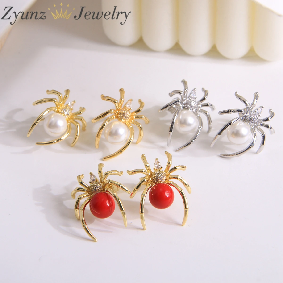 

5 Pairs, Gold Silver Color Pearl Spider Stud Earring Zircon Insect Women Earrings