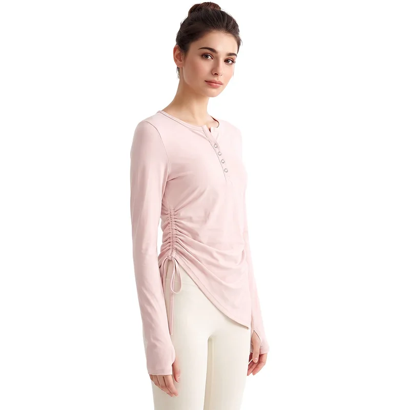 Yoga long-sleeved top, button collar, side waist drawstring, slim fit cover, finger cuffs, Pilates gym clothes for women