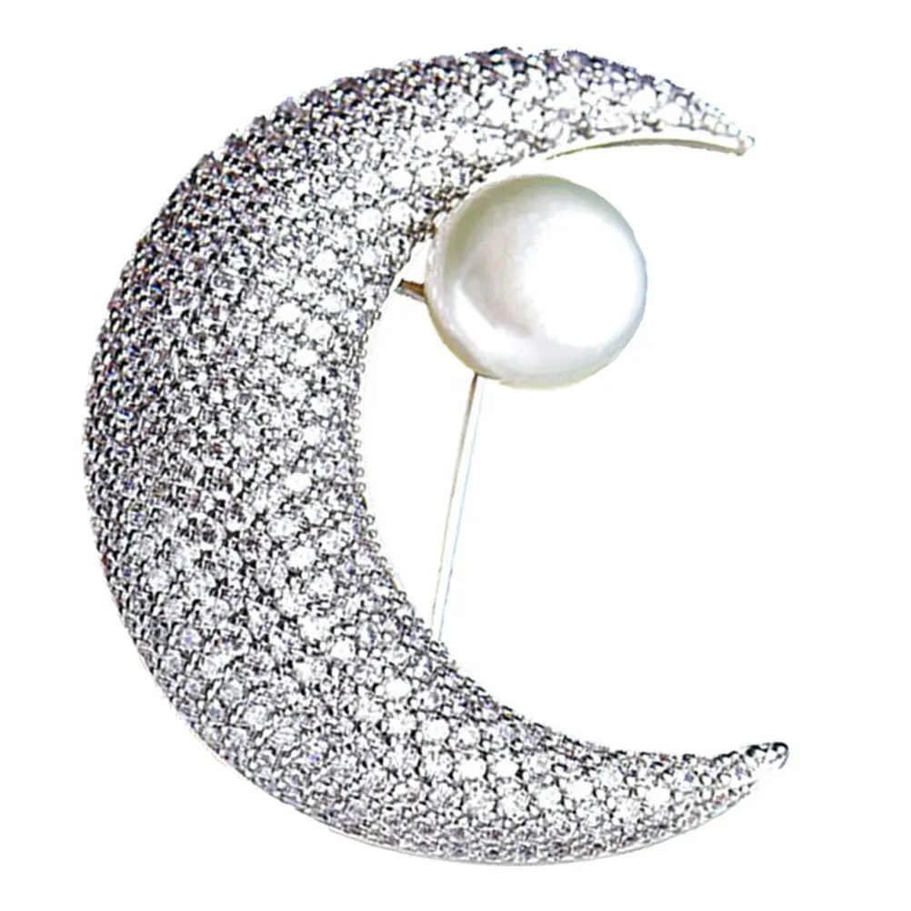 Crescent Moon Brooch Pin Sparkling Crystal Pearl Collar Clip Elegant Shirt Scarf Clasp Jewelry Accessory For Women