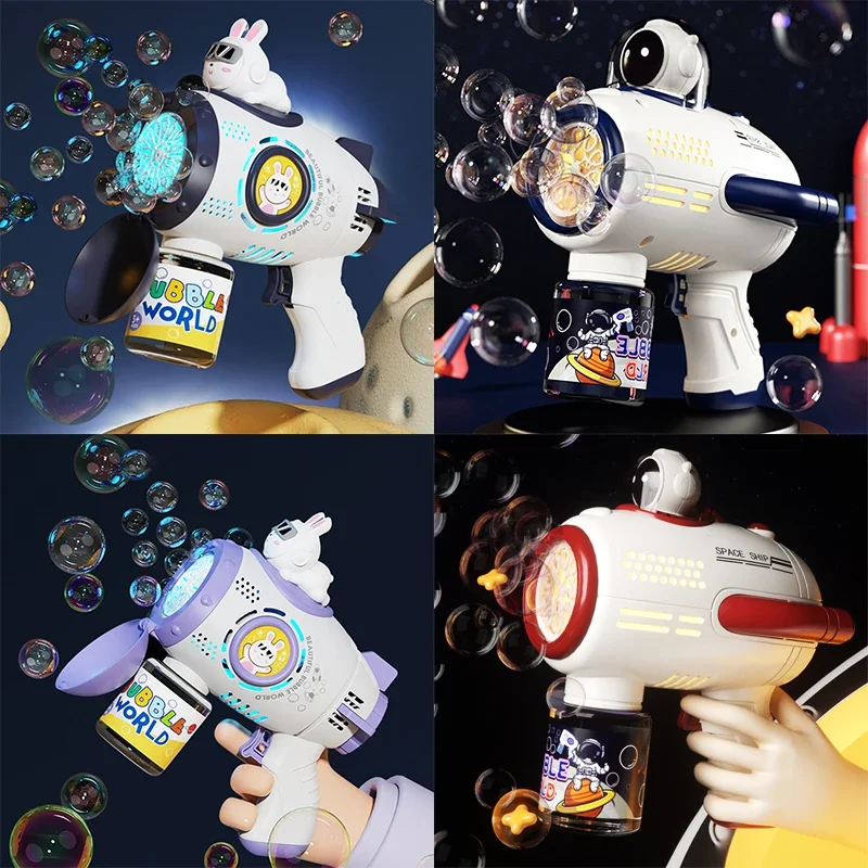 Gelembung Gun Rocket sabun Spaceman mesin gelembung hadiah Natal bentuk pistol Blower otomatis dengan lampu Pomperos mainan untuk anak-anak halus