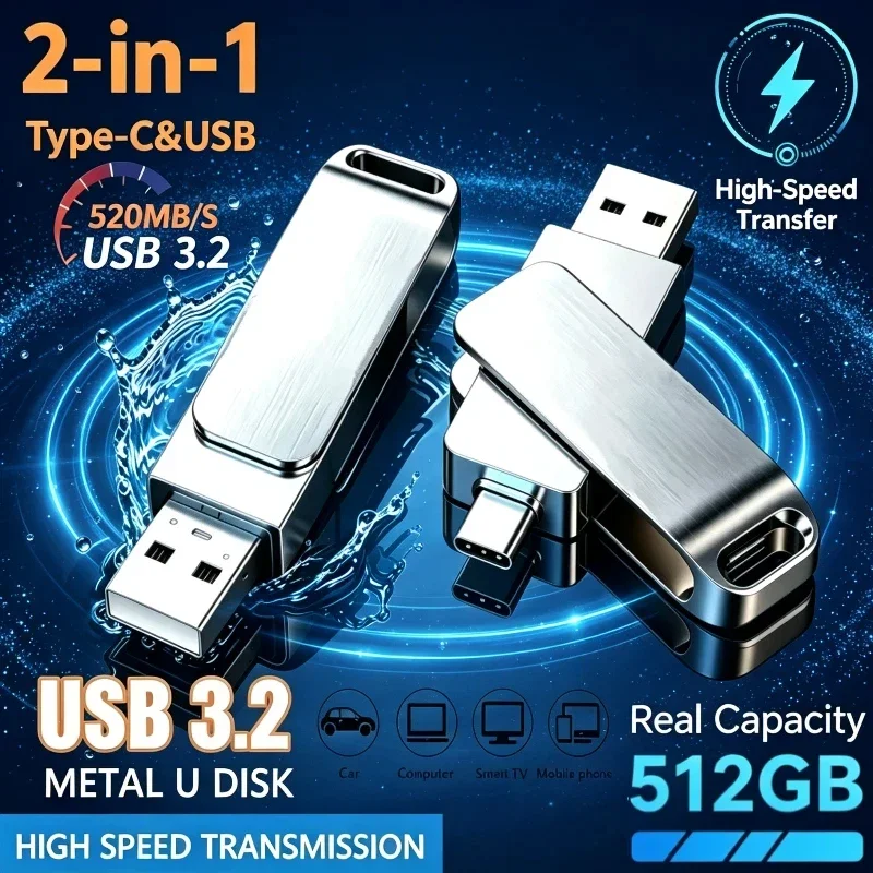 16TB USB 3.3 Flash Drive Metal High-Speed Pen Drive 8TB 4TB Waterproof Type-C USB Pen Drive For Computer Storage Devices