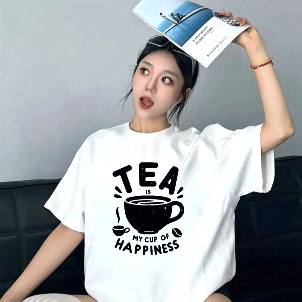 TEA IS MY CUP OF HAPPINESS Print WClothing Soft Short Sleeve Summer Top Round Neck Casual Harajuku Aesthetic Sale Tops