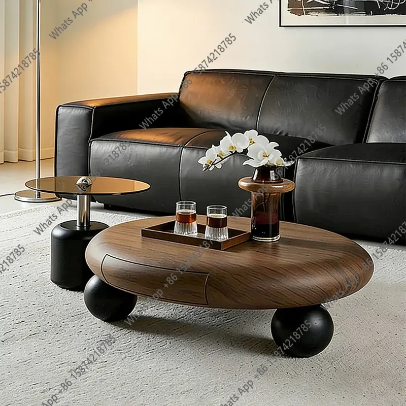 

HxMedieval Solid Wood Round Living Room Coffee Table Combination Household Light Luxury High-end Art Storage Side Table Coffee T