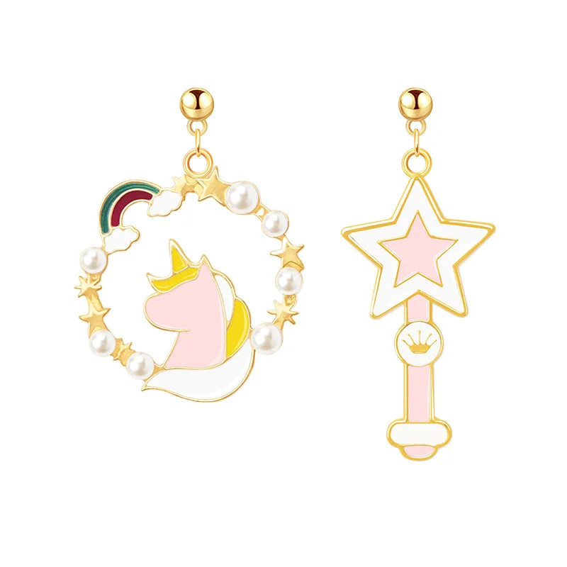 Rainbow Unicorn Earrings, Fantasy Girl Style Cute Magic Stick, Student Silver Ear Studs, Ear Clips Without Ear Holes