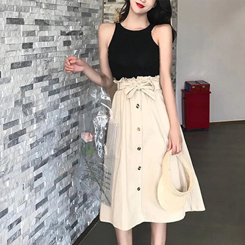 Women A-Line Single Breasted Pleated Skirt Fashion Bow Lace Up Knee-Length Skirts Simple Elastic High Waist Solid Midi Skirt