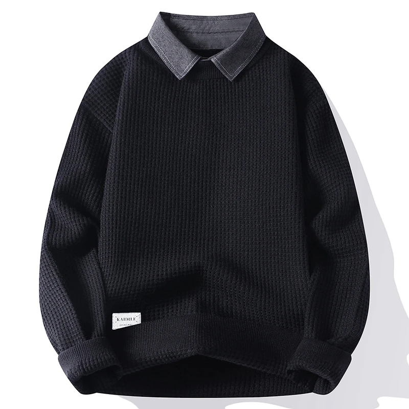 الرجال الخريف الشتاء طويلة الأكمام متماسكة كاذبة قطعتين سترة التلبيب جديد الدفء السترة الترفيه موضة الشباب ملابس للرجال #2