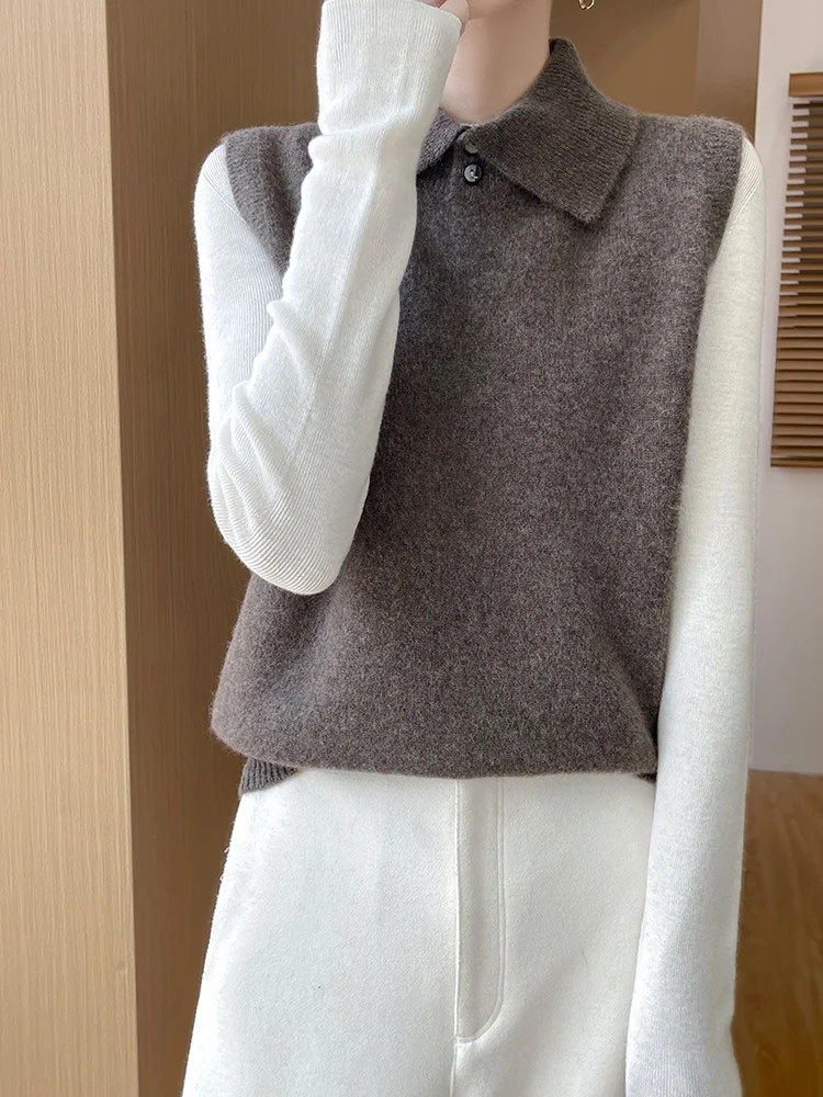 Women Wool Waistcoat Polo Collar Pullover Sleeveless Cashmere Vest Sweater Autumn Winter 100% Merino Wool Knitwear Buttons Vests